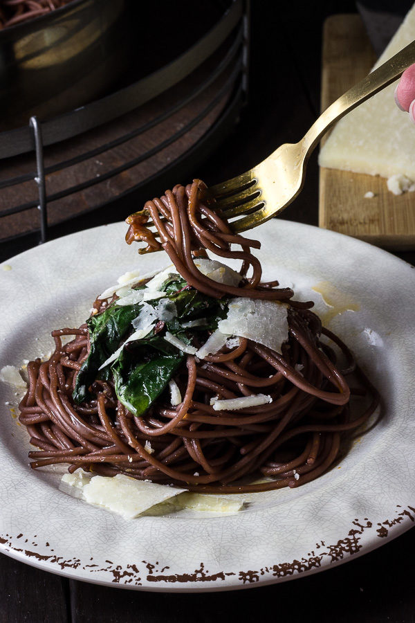 Red Wine Spaghetti with Red Chard (Spaghetti All'Ubriaco)