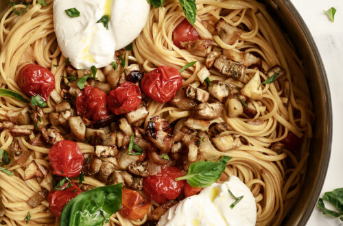 White Wine Pasta with Caramelized Onions, Roasted Eggplant and Blistered Tomatoes